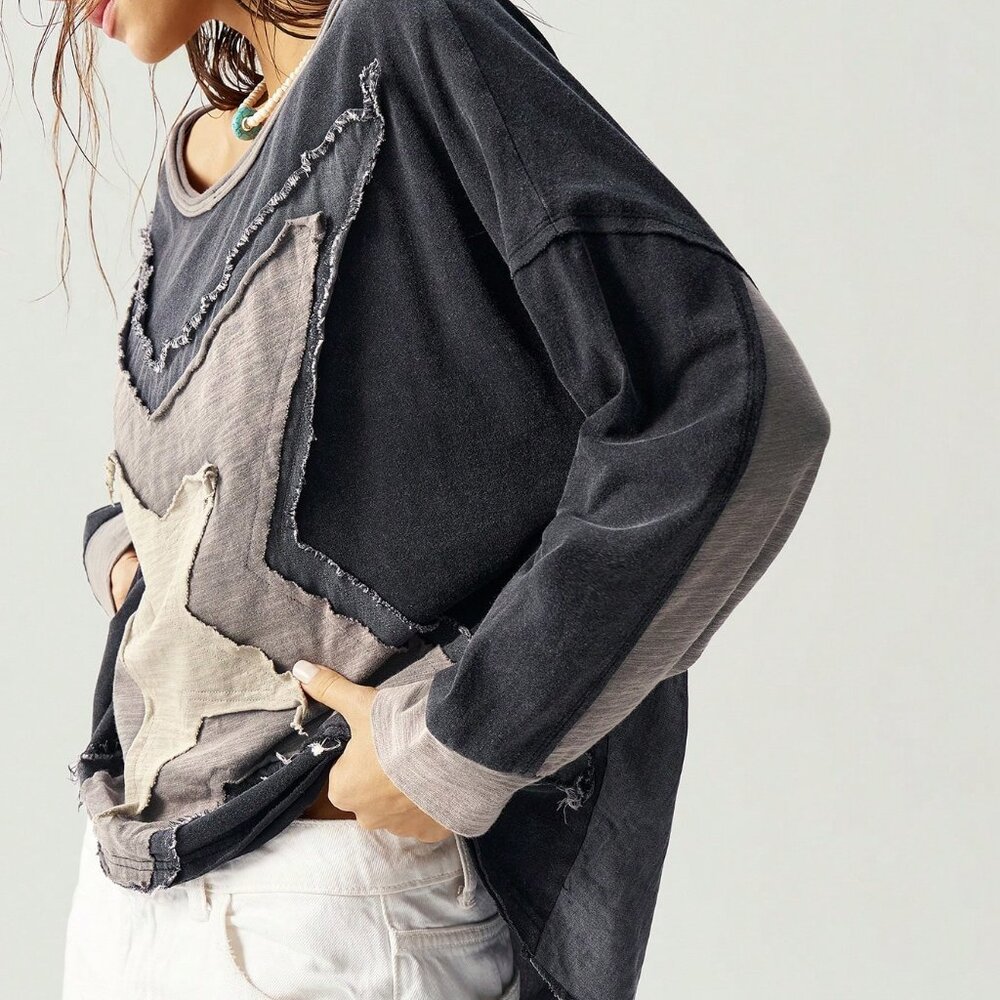 Casual Women's  Asymmetric Hemline & Patchwork Loose Fit Shirt - Picture 7 of 7
